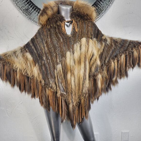 ALBERTO MAKALI~VINTAGE BROWN GENUINE FOX FUR REAL RABBIT HOODED PONCHO CAPE COAT - Picture 9 of 16
